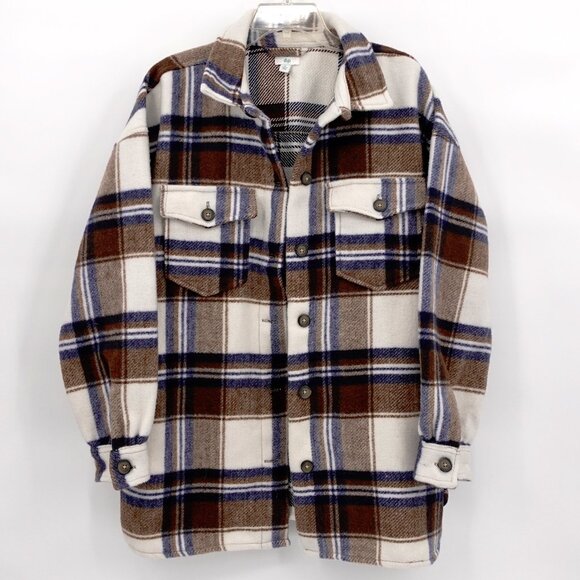 Oversized Plaid Shacket Brown Tan and Blue‎ Medium - Picture 1 of 11